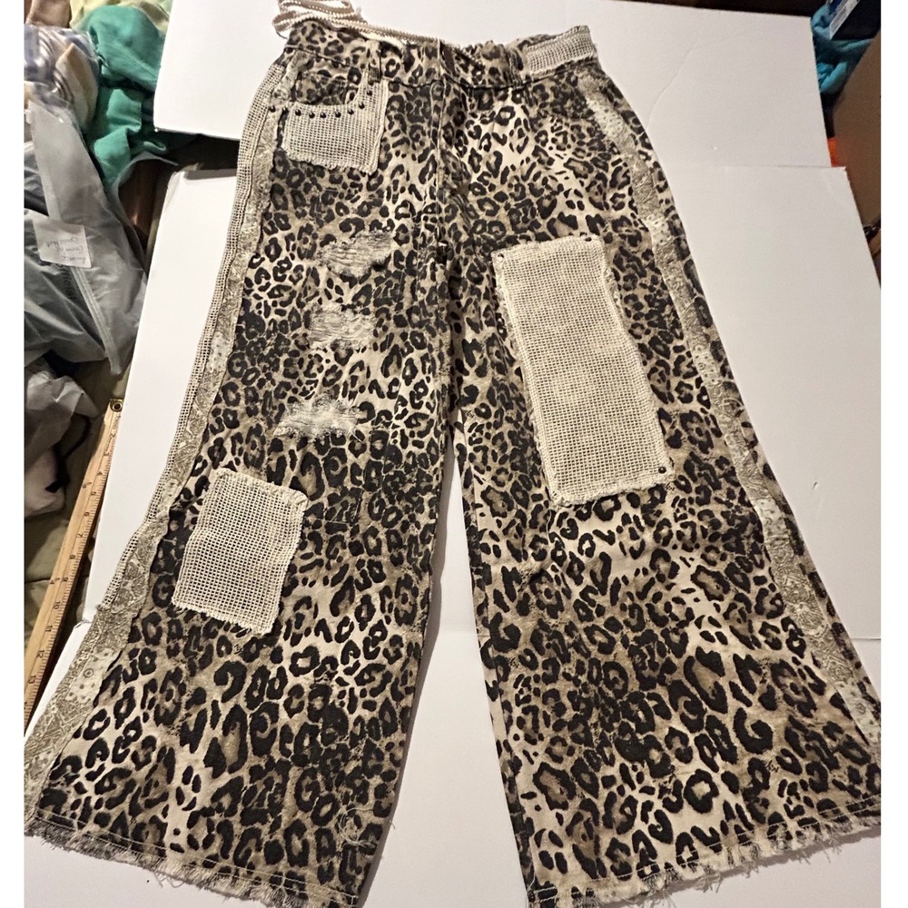 POL Leopard Print Patchwork Wide Leg Distressed Pants Tan Brown Lg Preppy Boho - Picture 2 of 9